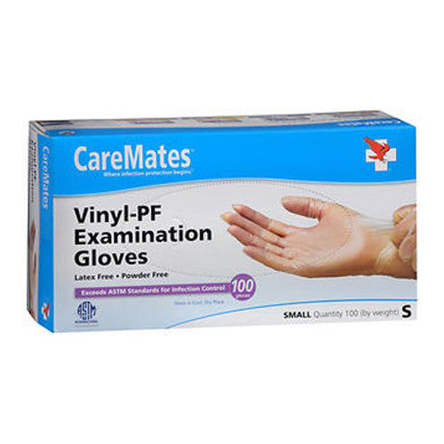 Caremates Vinyl Powder Free Exam Gloves, Small, 100 Ea